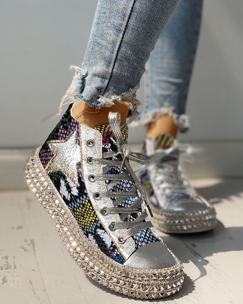 

Sequins Rivet Embellished Lace-Up Sneakers