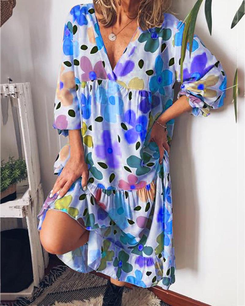 

Floral Print Colorblock Ruched Casual Dress, Blue