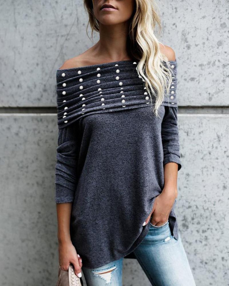 

Beaded Ruched Off Shoulder Blouse, Dark grey