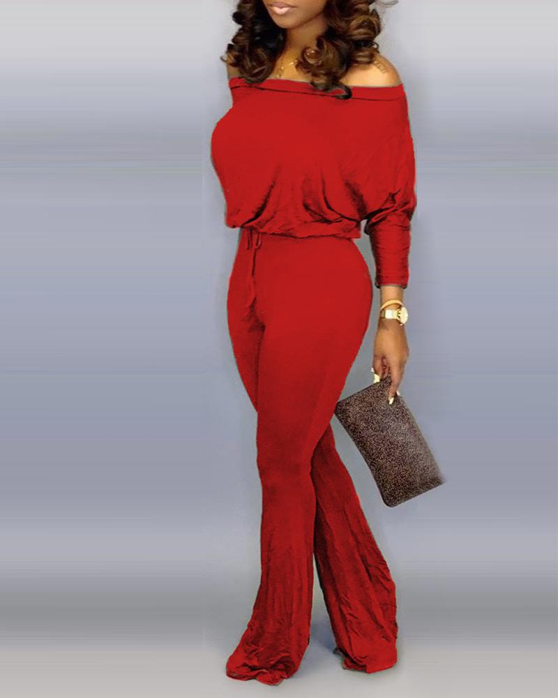 

Skew Neck Batwing Sleeve Drawstring Bell-bottom Jumpsuit, Red