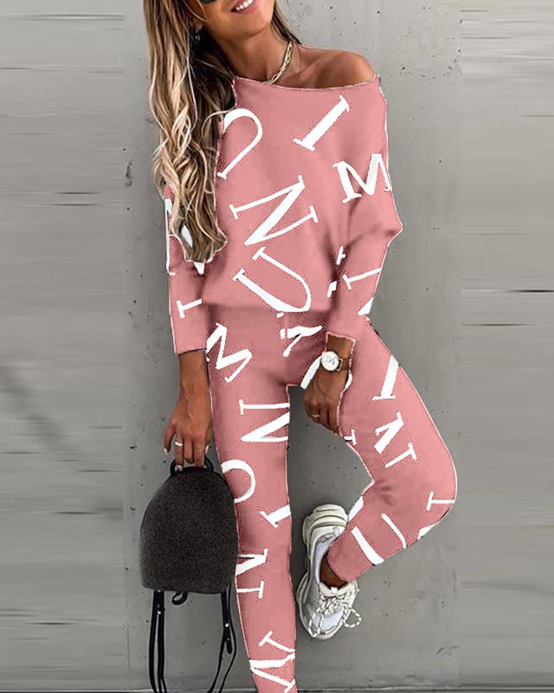 

Letter Print Long Sleeve Top & Pants Set, Pink