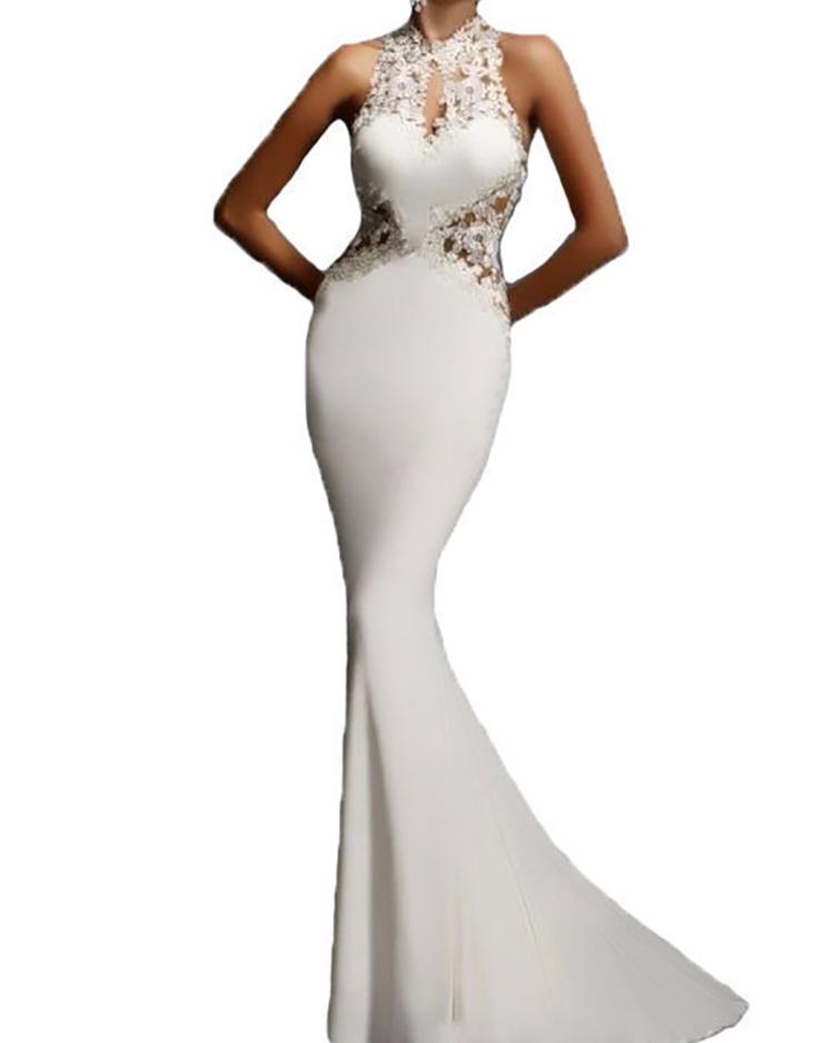 

Asymmetric Lace Crochet Open Back Evening Dress, White