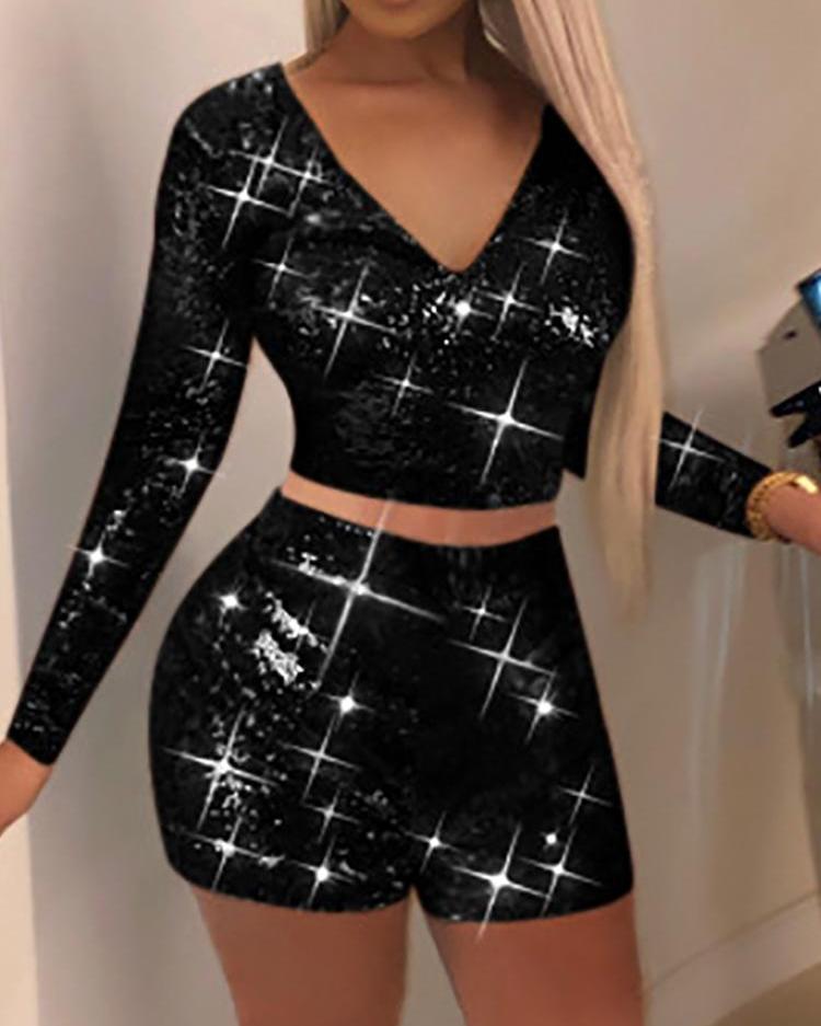 

Shiny Sequins V-Neck Crop Top & Short Sets, Black