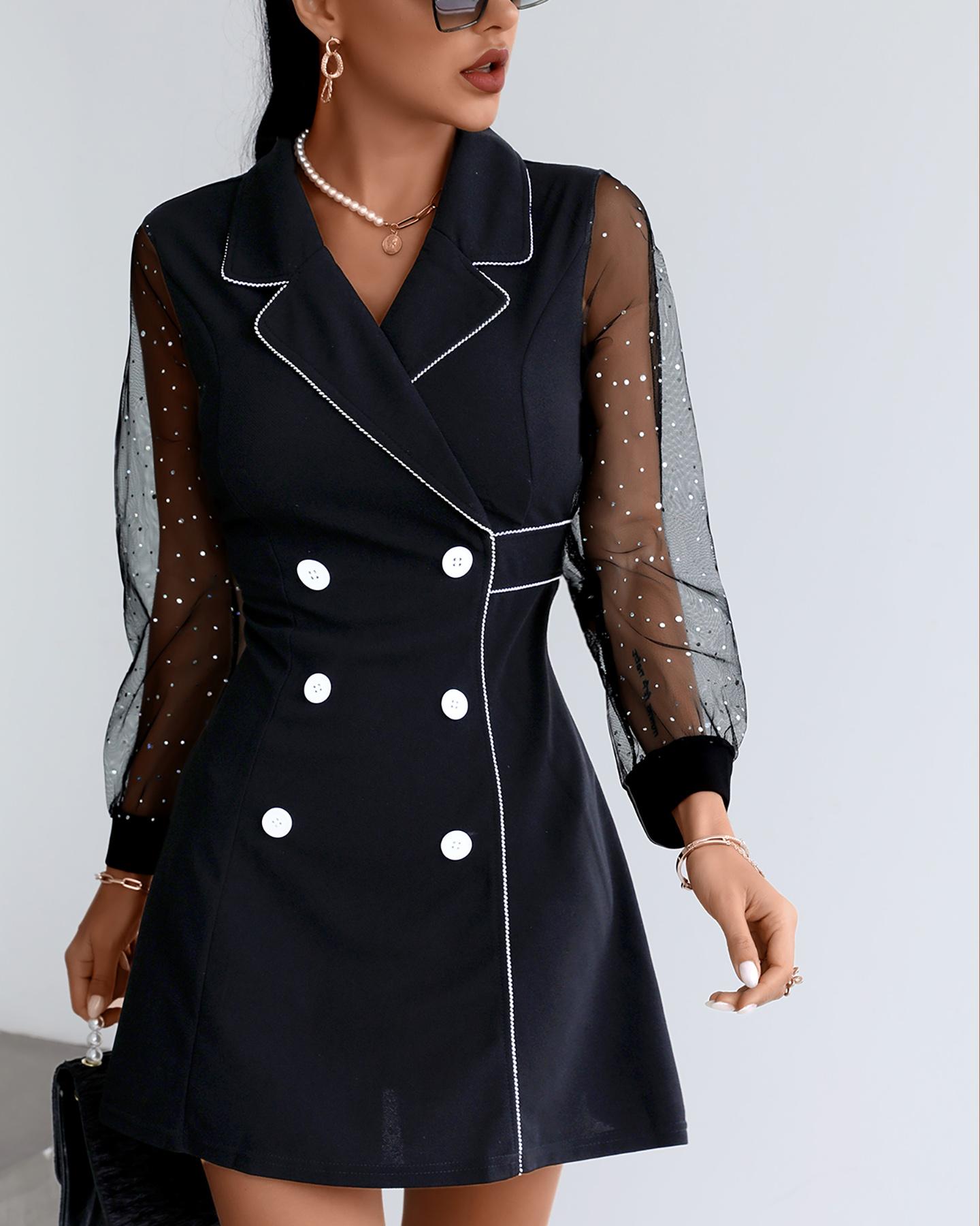 

Double Breasted Sheer Mesh Sequins Blazer Dress, Black