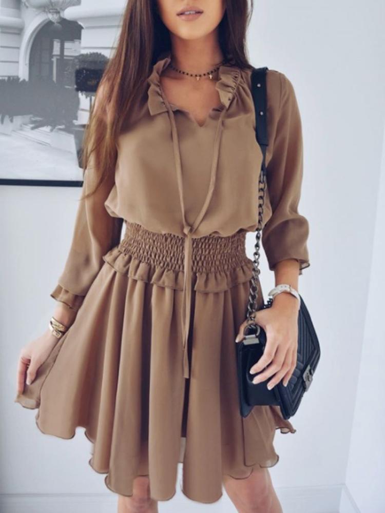 

Solid Shirring Frills Trim Pleated Dress