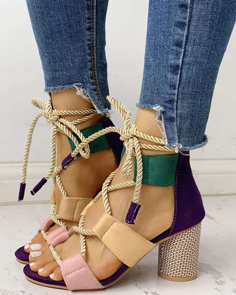 

Colourblock Lace-up Chunky Heels Open Toe Sandals, Pink