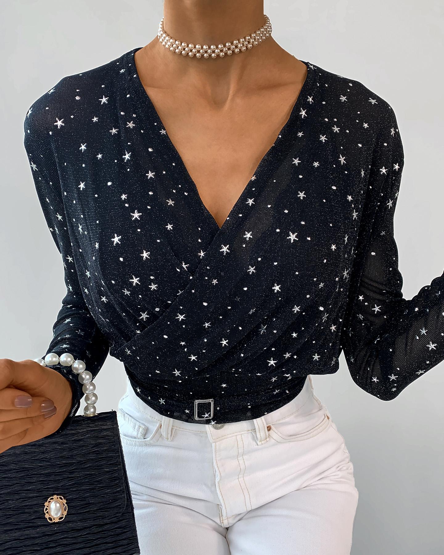 

Rhinestone Sheer Mesh Glitter Wrap Top, Black