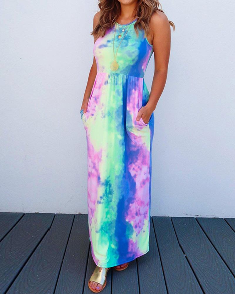 

Tie Dye Print Sleeveless Casual Maxi Dress, Multicolor