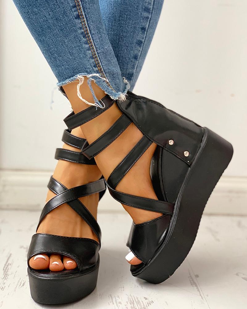 

Solid Multi-strap Peep Toe Muffin Sandals, Black