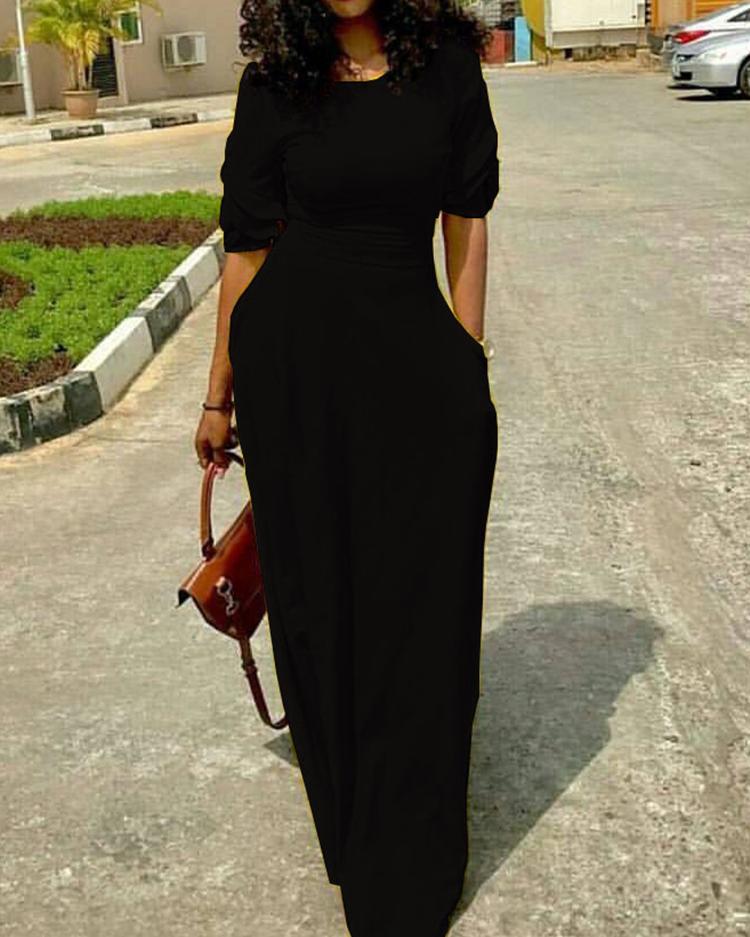 

Solid Half Sleeve Pocket Design Dress, Black