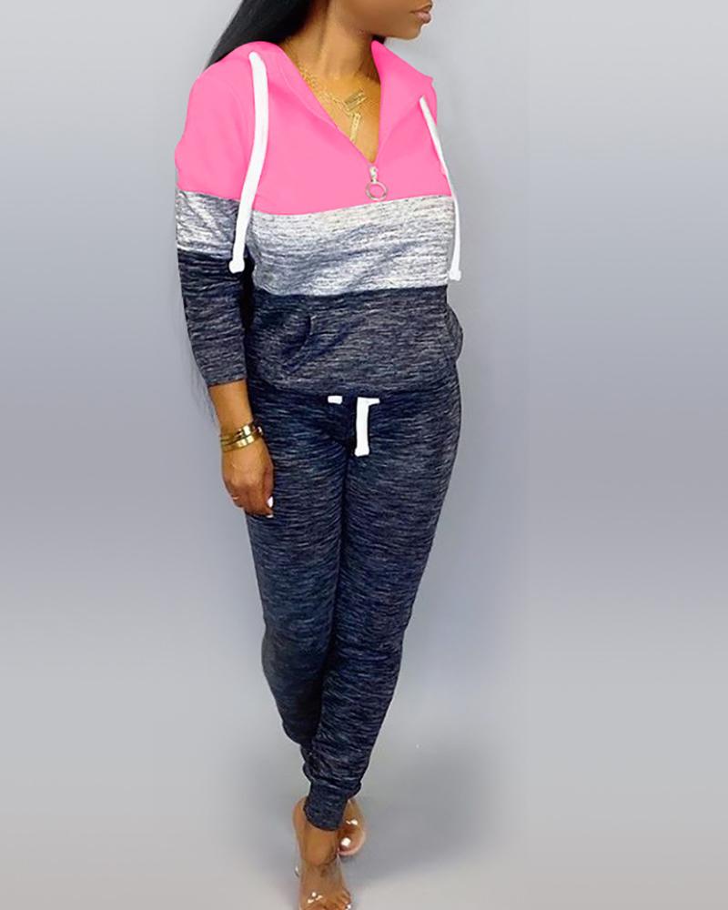 

Colorblock Drawstring Design Zipped Top & Pant Sets, Pink