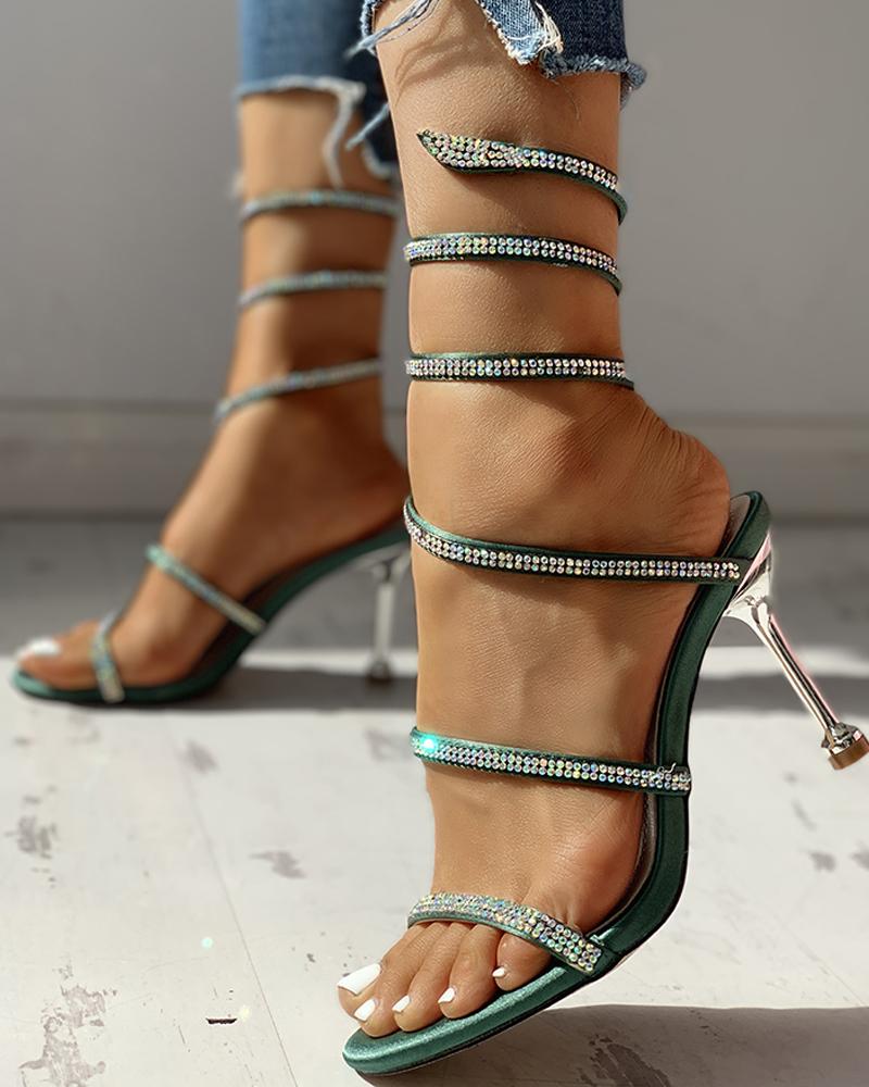 

Glitter Studded Multi-strap Thin Heeled Sandals, Green