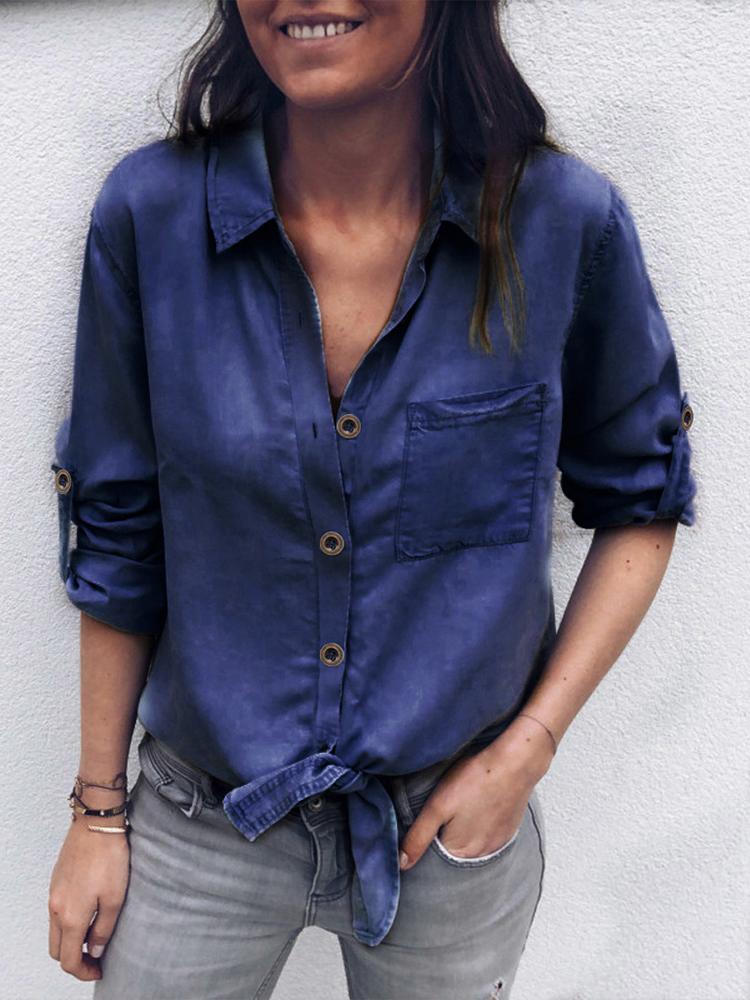 

Roll-up Sleeve Button Knotted Denim Shirt, Dark blue