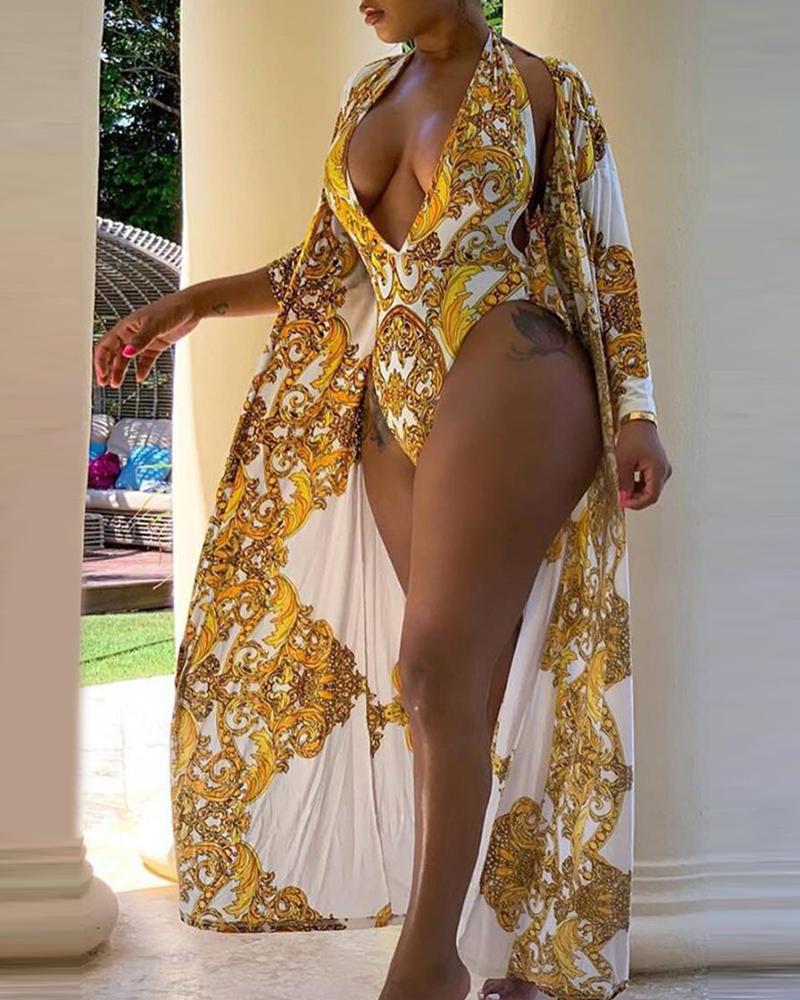 

Retro Print Cutout One-Piece Cover Up Swimsuit, Gold