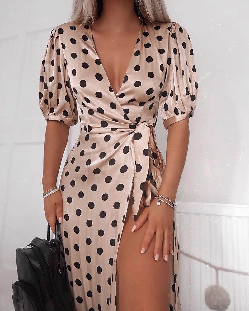 

Puffed Sleeve Dot Print Surplice Wrap Slit Dress, Champagne