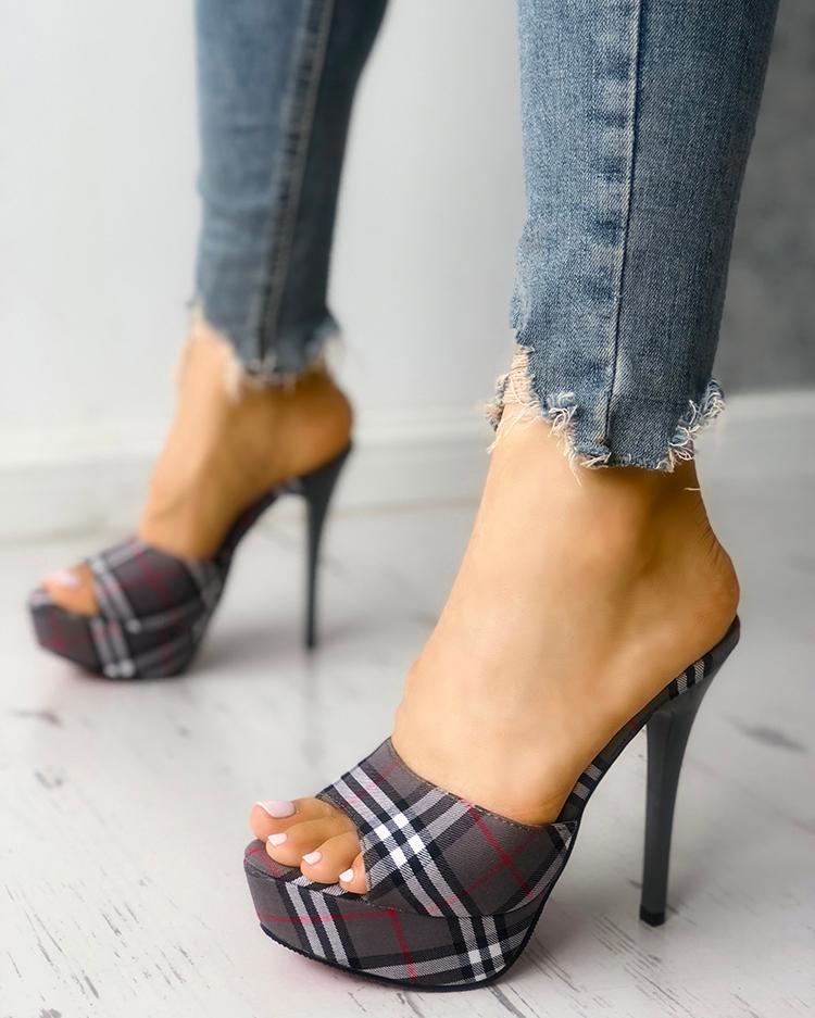 

Plaid Print Single Strap Platform Thin Heeled Sandals, Gray
