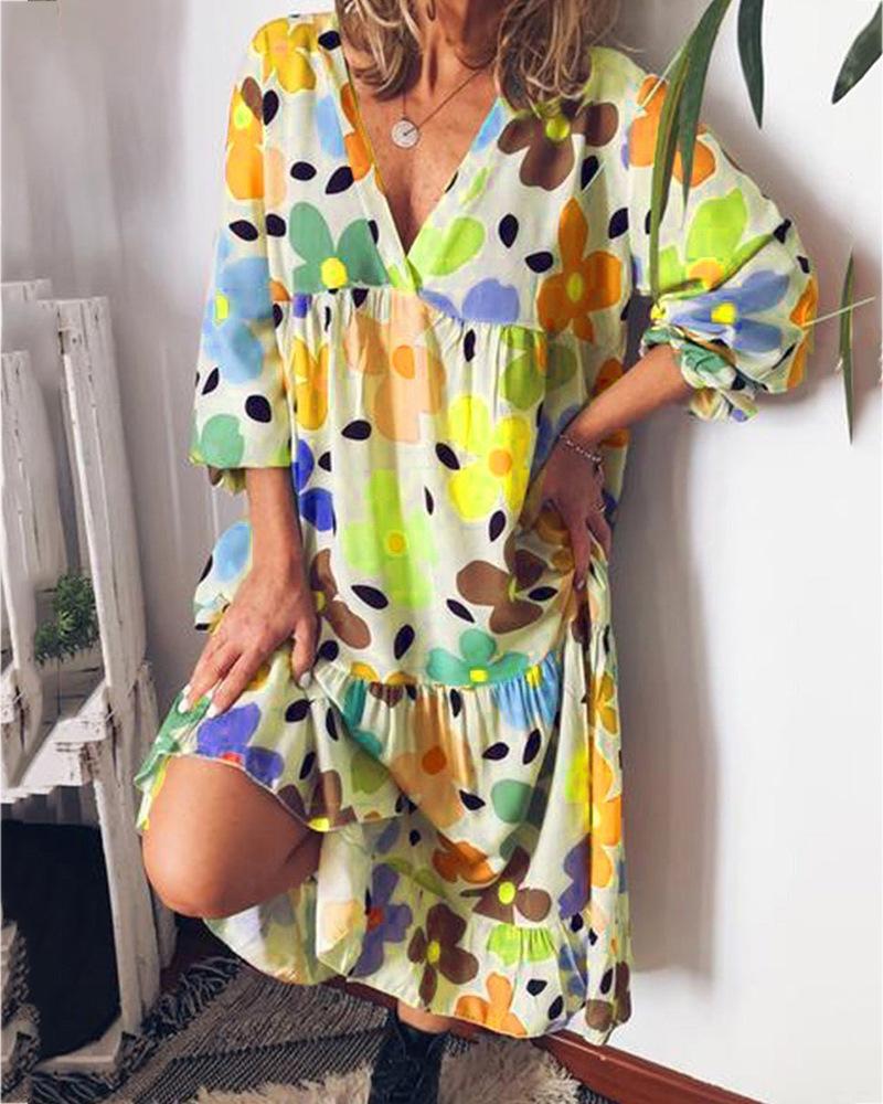 

Floral Print Colorblock Ruched Casual Dress, Yellow