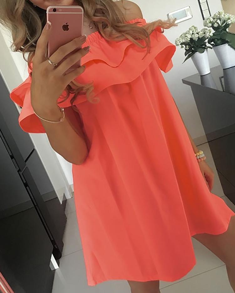 

Stylish Flounced Off Shoulder Pleated Tunic Dress, Orange
