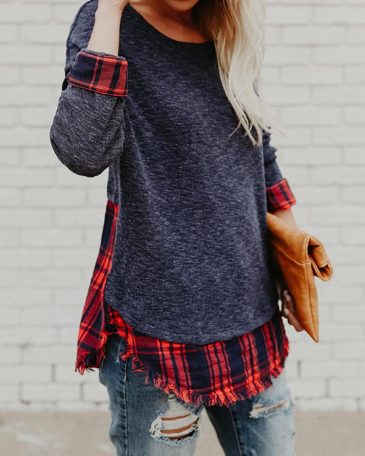

Plaid Splicing Fringe Hem Casual Blouse, Dark grey