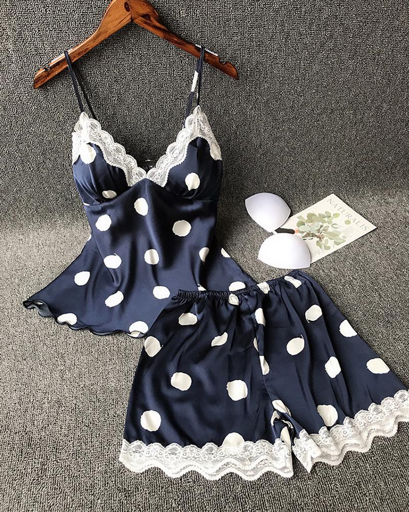 

Polka dot Lace Trim Cami Set, Dark blue