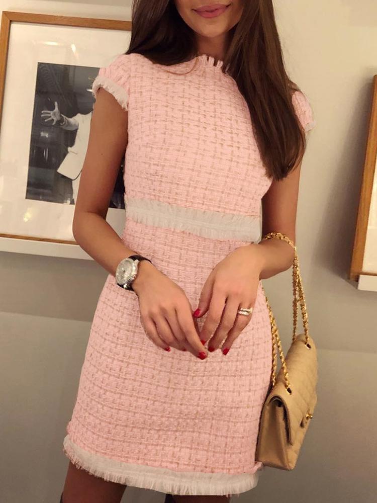 

Fringes Short Sleeve Mini Tweed Dress, Pink