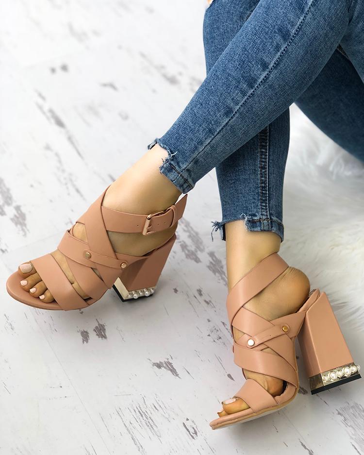 

Shiny Embellished Bandage Chunky Heeled Sandals, Apricot