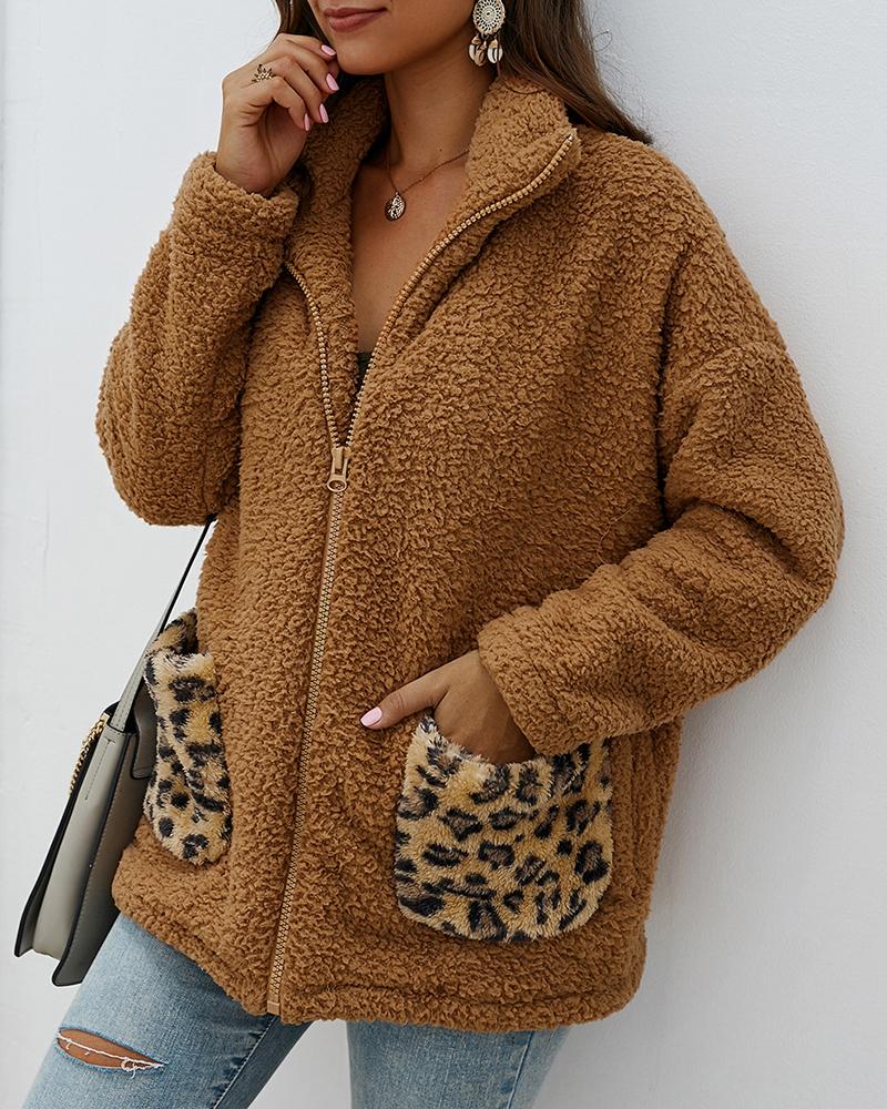 

Leopard Pocket Zipper Design Fluffy Coat, Coffee