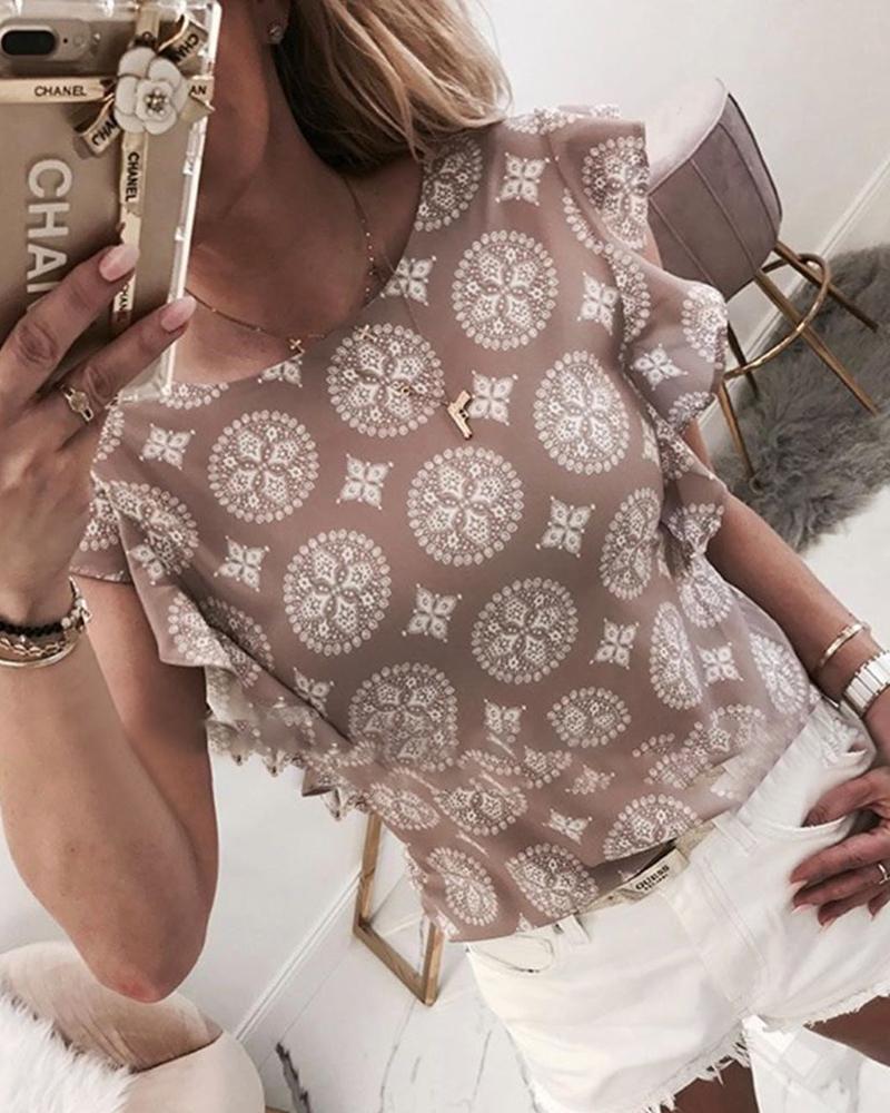 

Ethnic Print Flutter Sleeve Casual Blouse