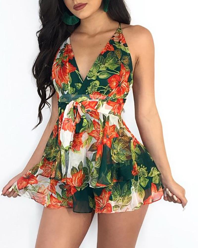 

Floral Print Backless Spaghetti Strap Romper, Green