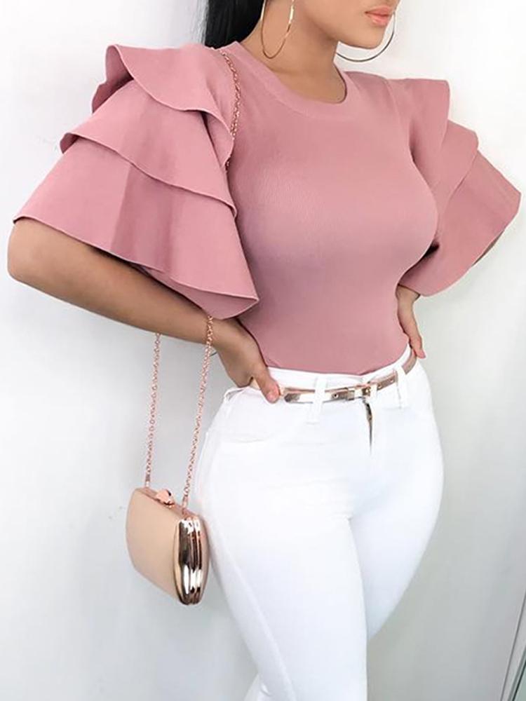 

Roundneck Ruffle Sleeve Blouses Casual Tops
