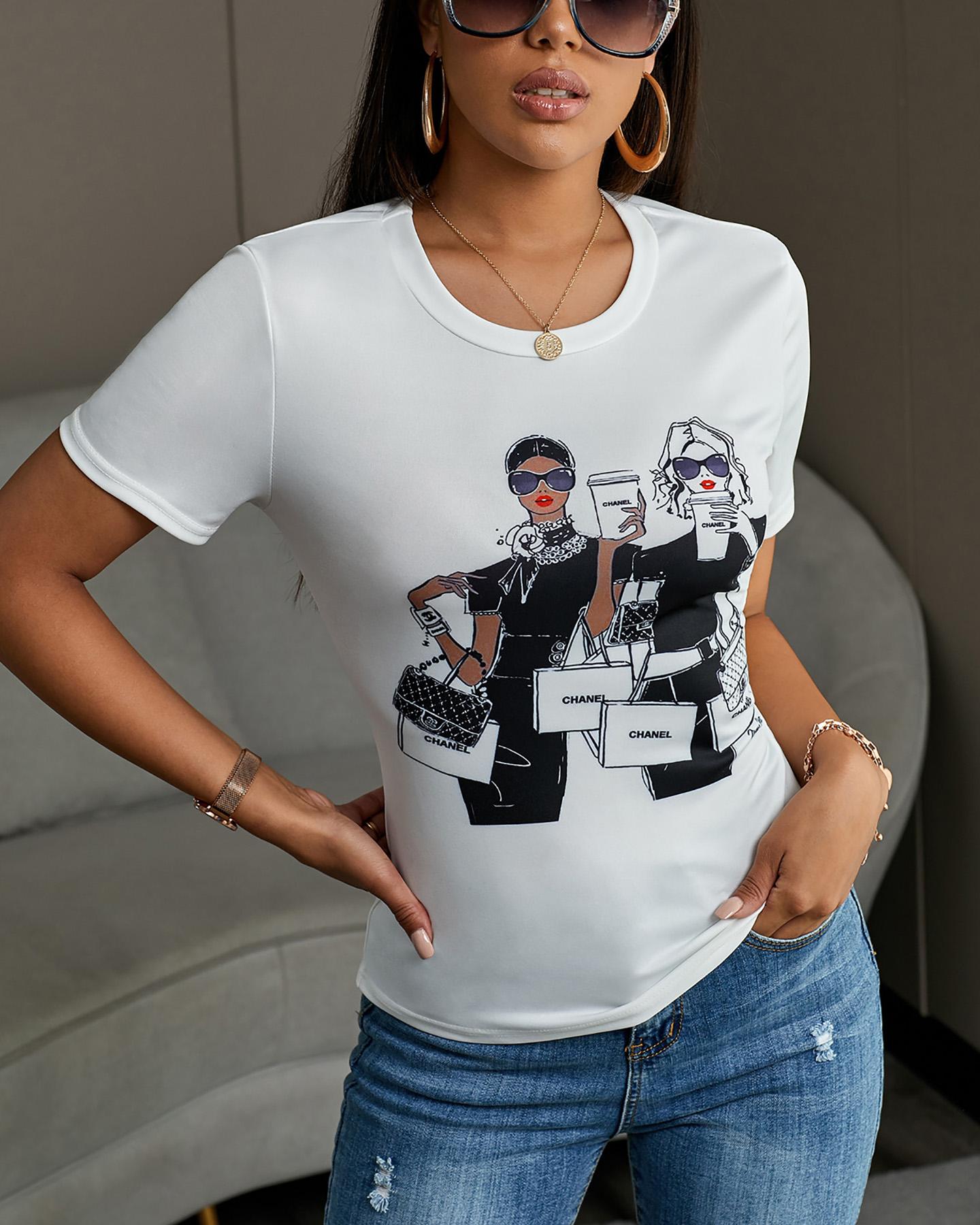 

Figure Print Short Sleeve Casual T-Shirt, White