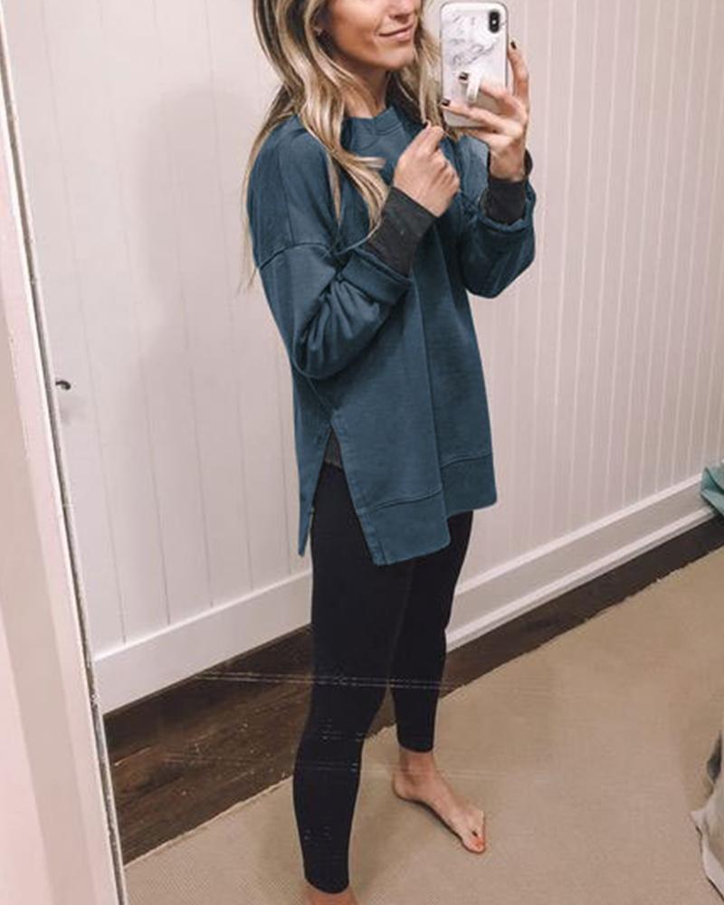

Casual Solid Side Split Sweatshirt, Purplish blue