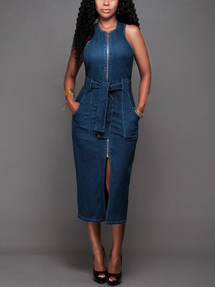 

Zipper Split Belted Denim Bodycon Dress, Blue