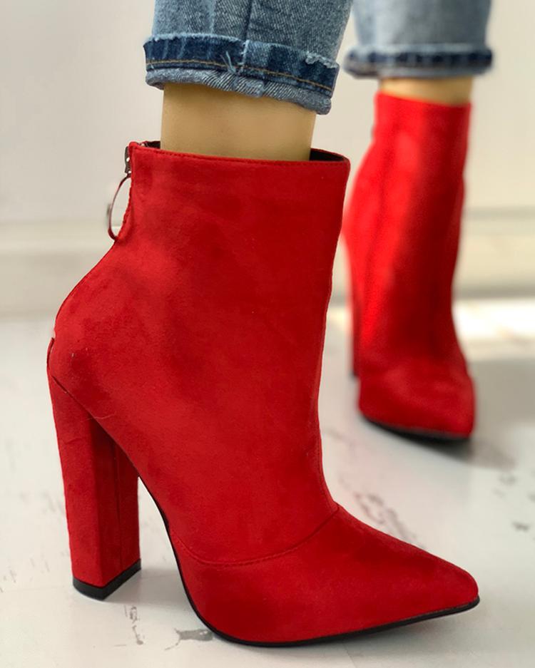 

Solid Pointed Toe Zipper Back Boots, Red