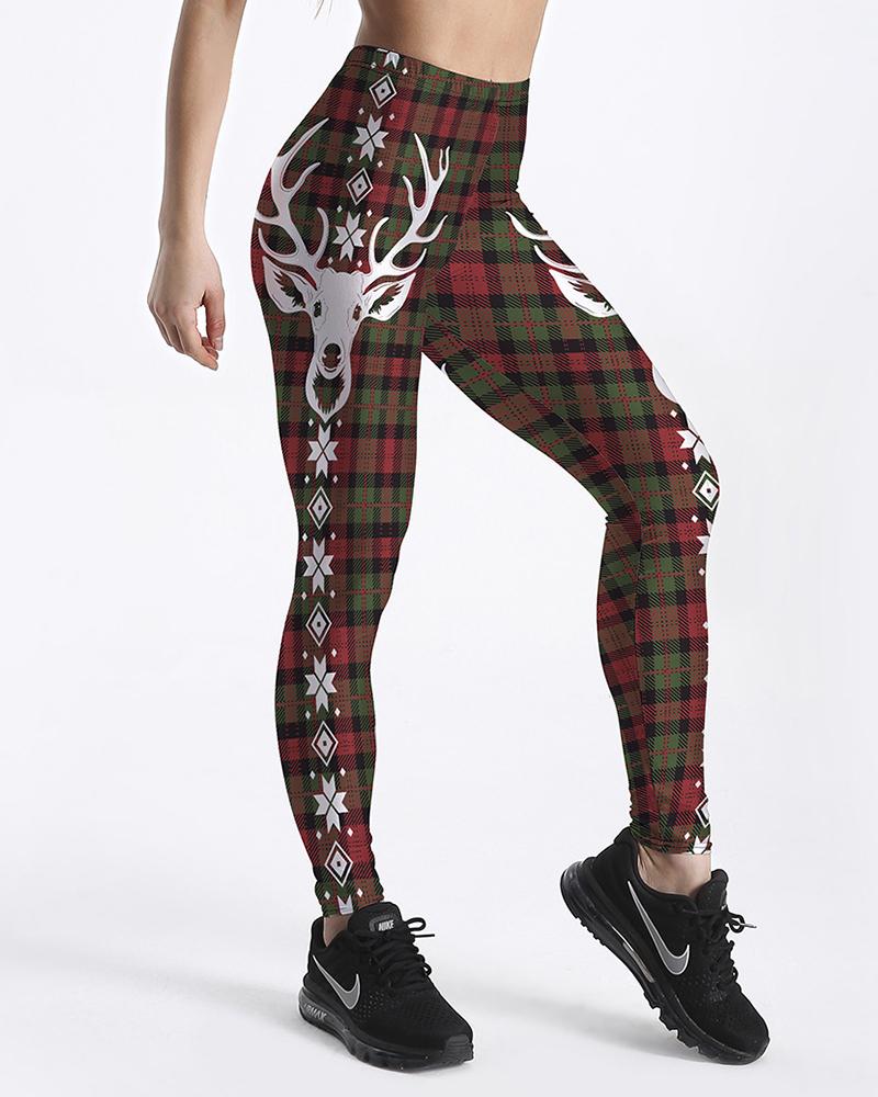 

Christmas Reindeer Print High Waist Plaid Pants, Green