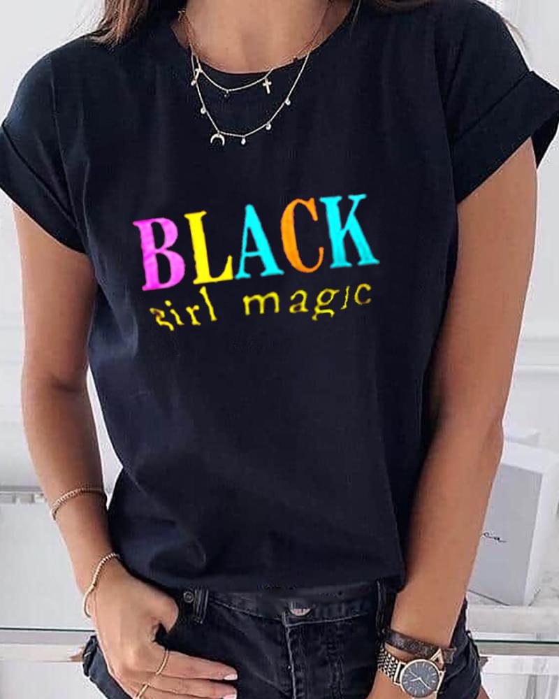 

Letter Print Short Sleeve Casual T-shirt, Black