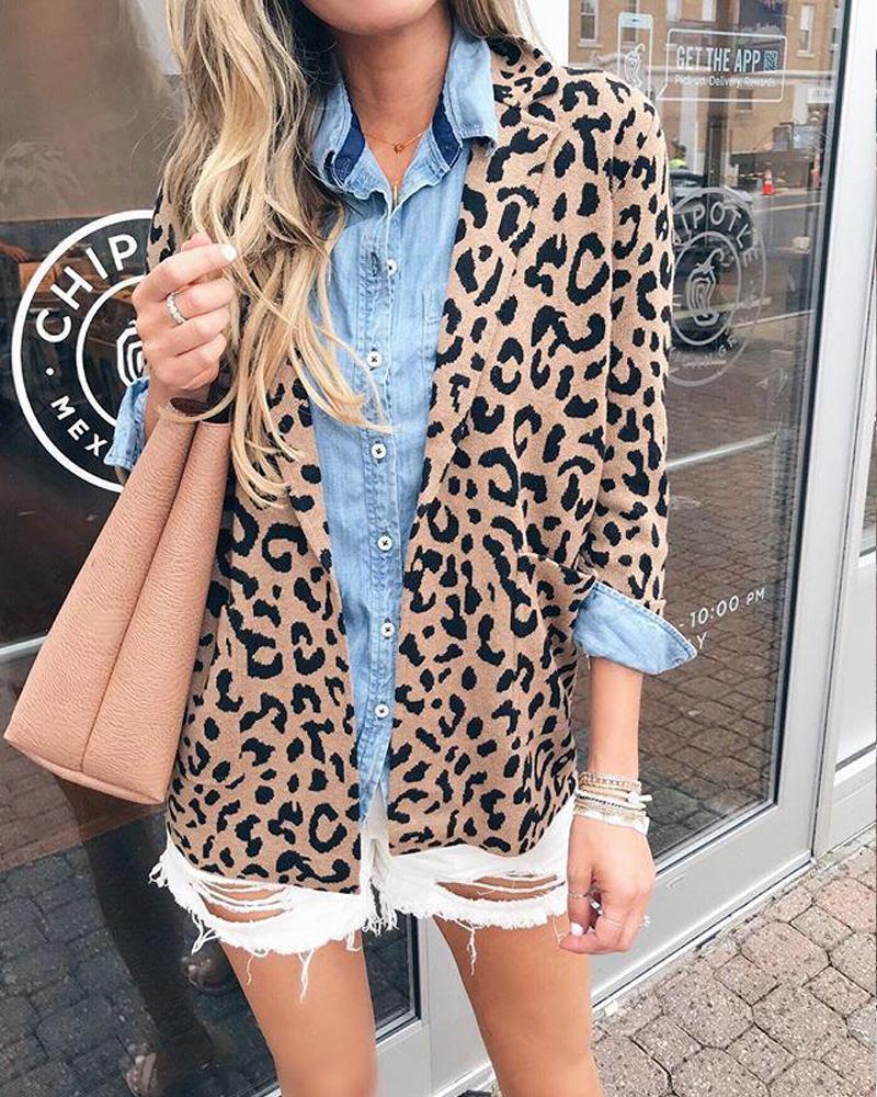 

Leopard Open Front Pocketed Cardigan