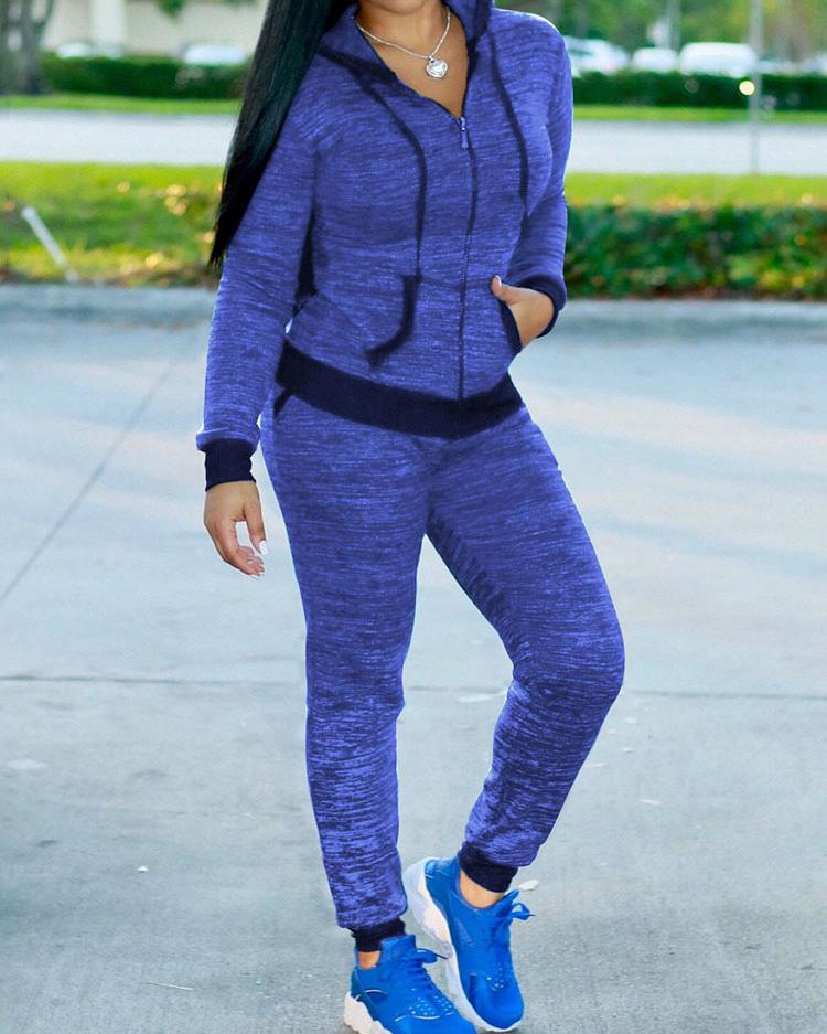 

Trendy Zipper Up Hooded Casual Sportswear, Blue