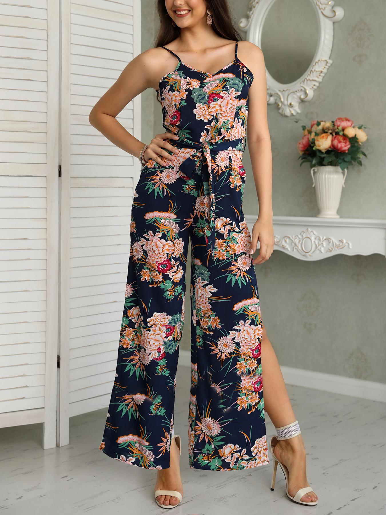 

Floral Print Tied Waist Slit Spaghetti Strap Jumpsuit
