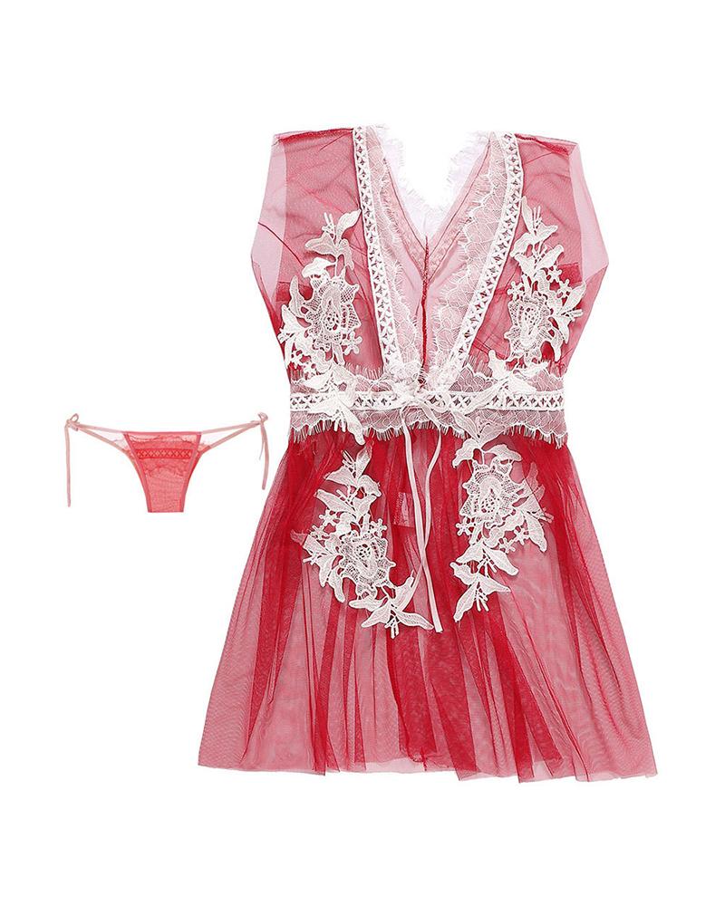 

Lace Detail Mesh Pajama Set, Red