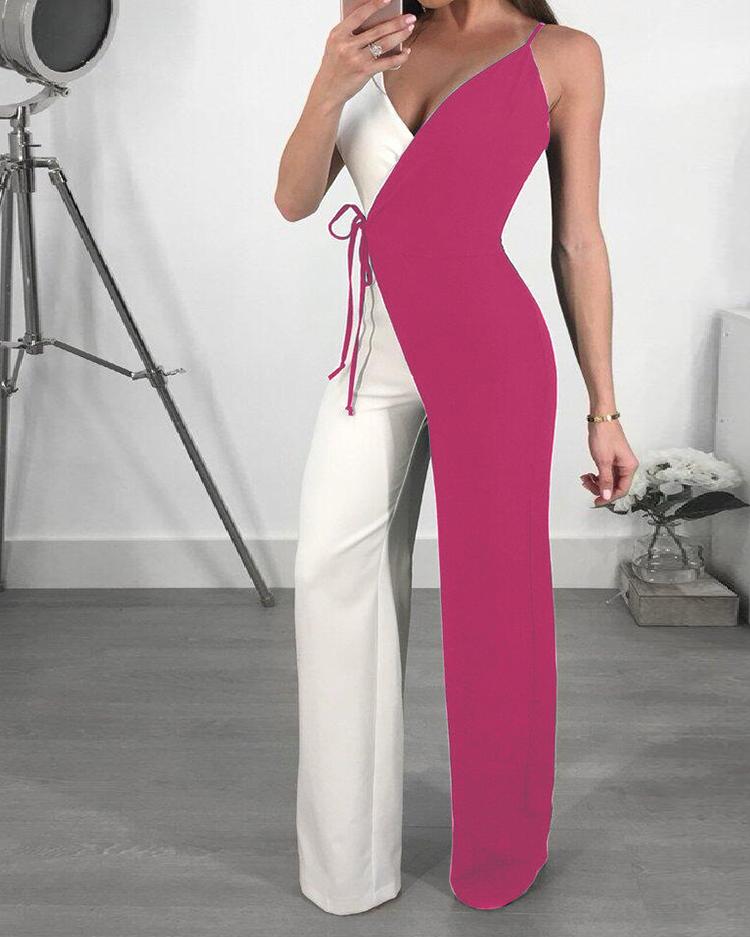 

Contrast Color Spaghetti Strap Wrapped Wide Leg Jumpsuit