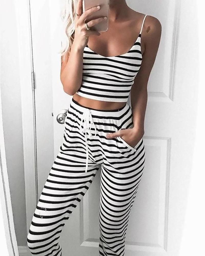 

Striped Low Cut Cami Top & Pant Set, Black