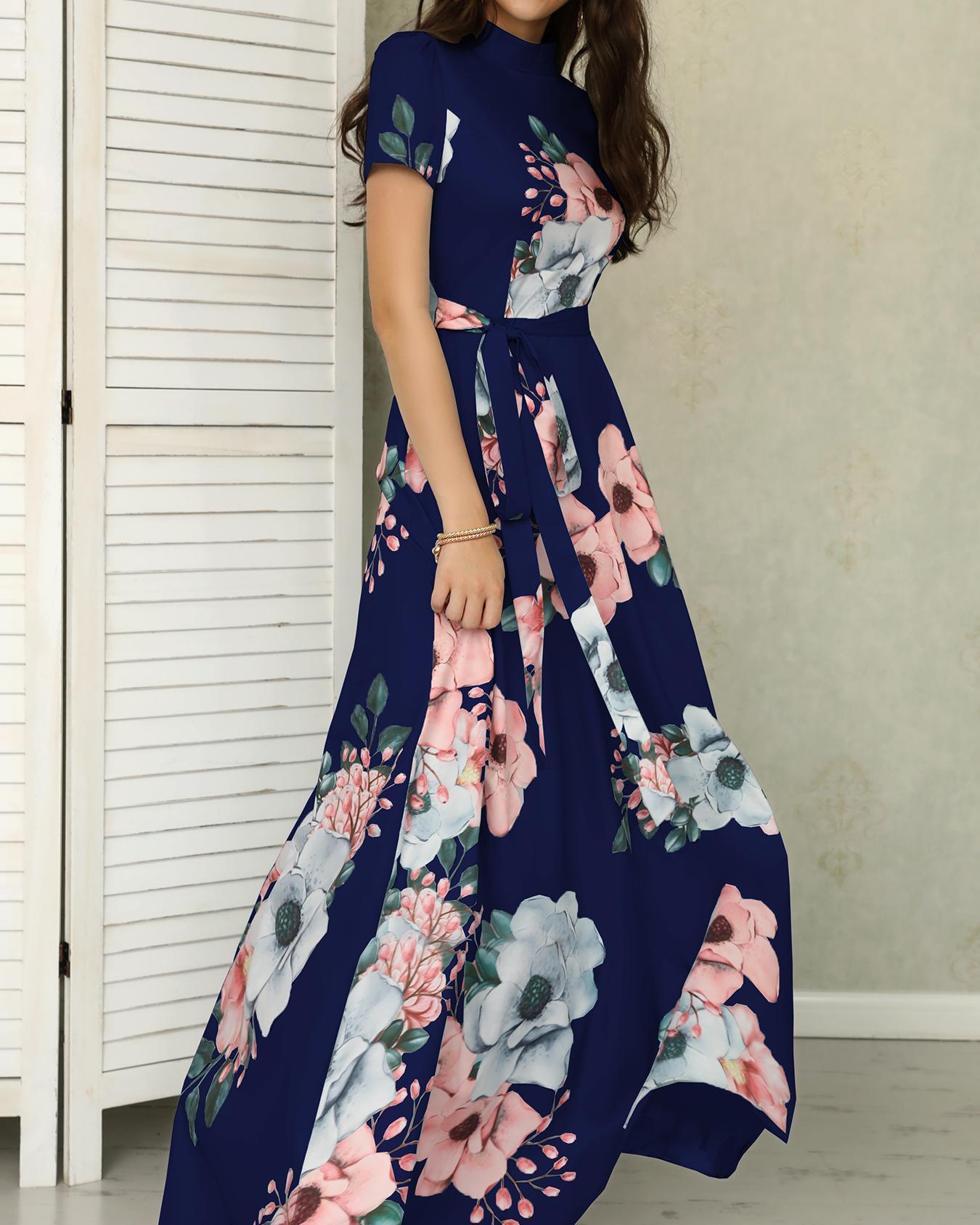 

Floral Print Short Sleeve Tie Waist Maxi Dress, Blue
