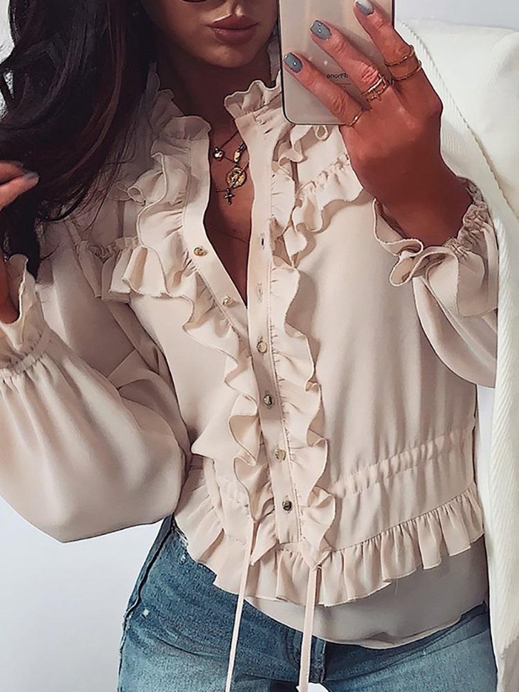 

Frill Design Drawstring Casual Blouse