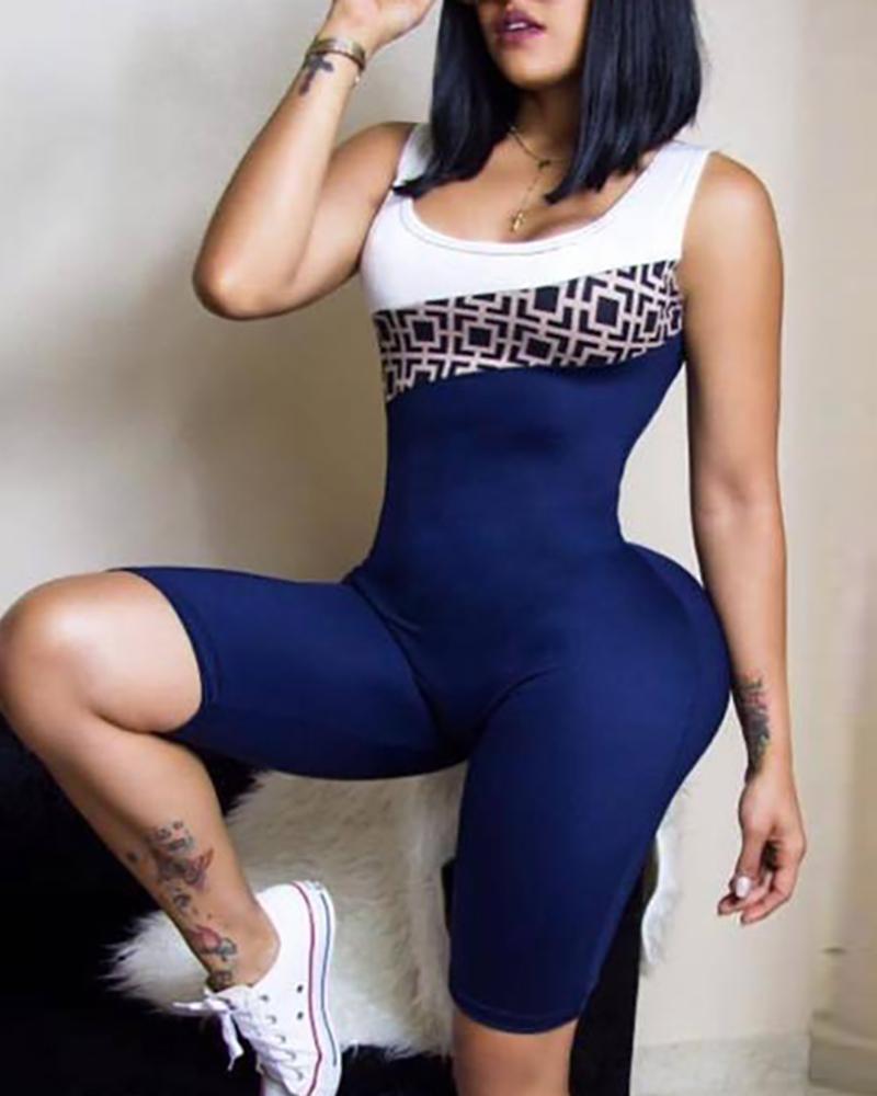 

Sleeveless Stitching Slim Fit Sport Romper, Blue