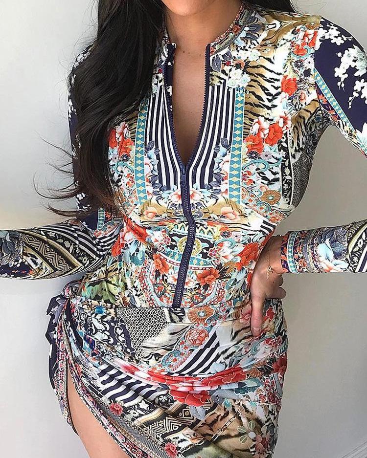 

Retro Print Knot Side Zipper Up Dress, Purplish blue