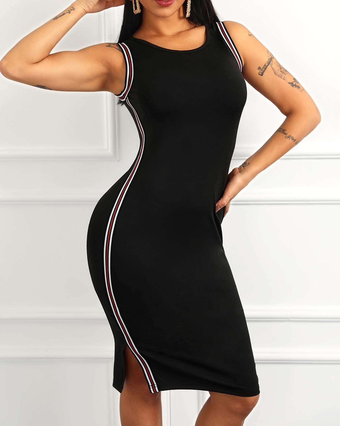 

Sleeveless Striped Tape Detail Bodycon Dress, Black