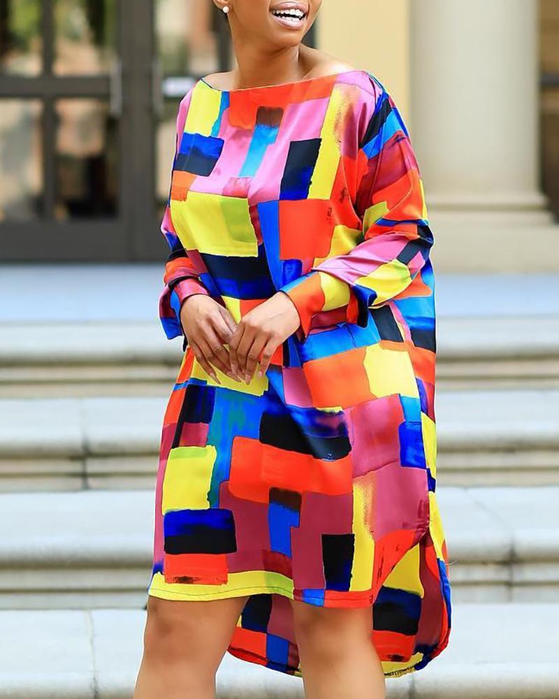 

Colorblock Insert Lantern Sleeve Dip Hem Dress, Multicolor