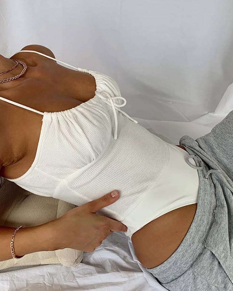 

Spaghetti Strap Ruched Tied Front Ribbed Bodysuit, White