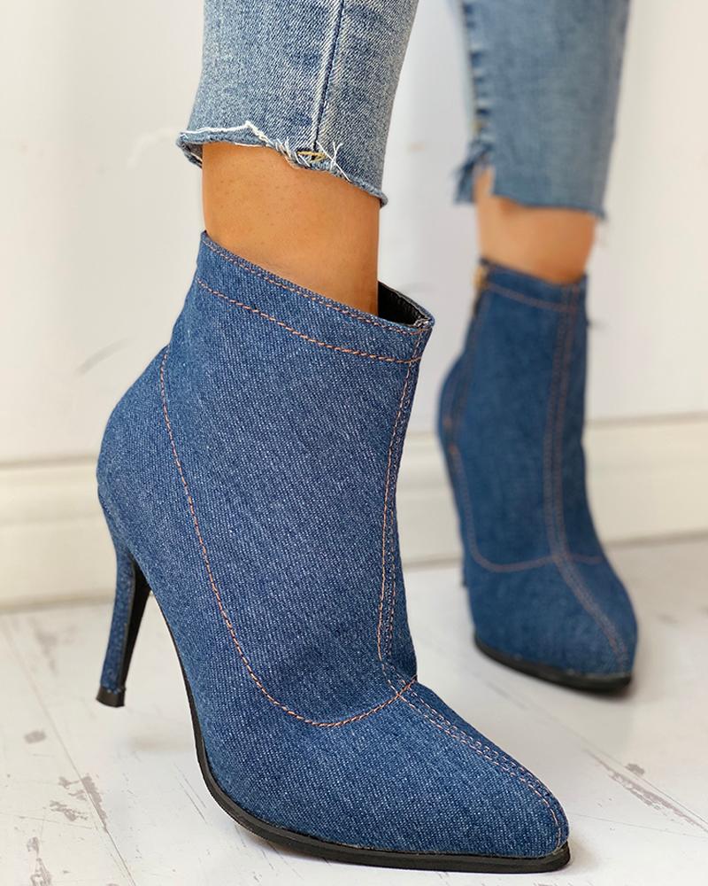 

Solid Pointed Toe Zipper Denim Thin Heeled Boots, Blue